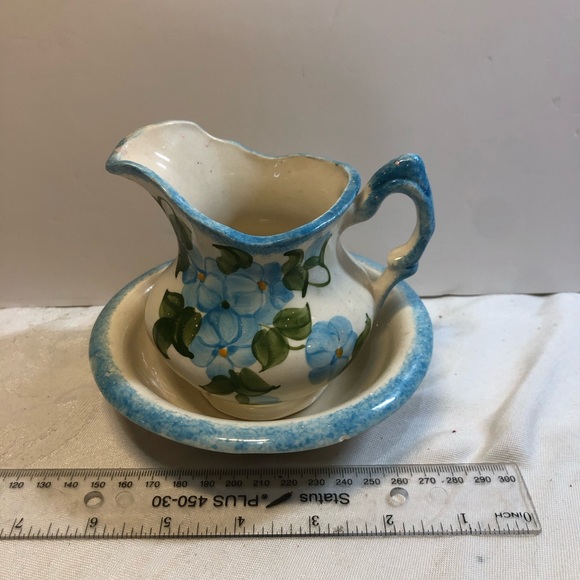 1940’s Cash Family Pottery Erwin Tennessee Small Hand Painted Pitcher Wash Basin - Picture 3 of 13